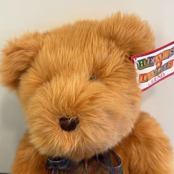 GUND Heads & Tales Plush Tan Bear -Fluffy Soft O5N86 Green Paisley Bow - Picture 2 of 10